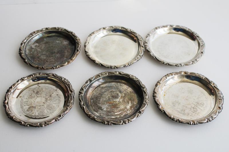 photo of vintage silver plated drink coasters, tiny shabby silver plates or trays #6