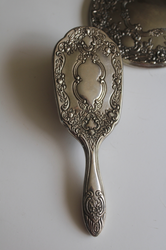 photo of vintage silver plated hair brush and hand mirror, vanity dressing table set  #2