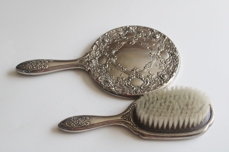 photo of vintage silver plated hair brush and hand mirror, vanity dressing table set  #3