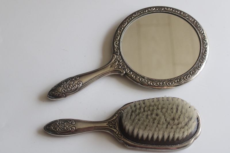 photo of vintage silver plated hair brush and hand mirror, vanity dressing table set  #5