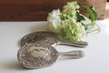 catalog photo of vintage silver plated hair brush and hand mirror, vanity dressing table set 