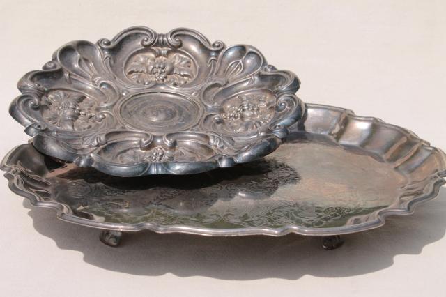 photo of vintage silver serving trays - shabby old tarnished silver hall tray, ornate charger plate #1