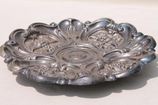 photo of vintage silver serving trays - shabby old tarnished silver hall tray, ornate charger plate #2