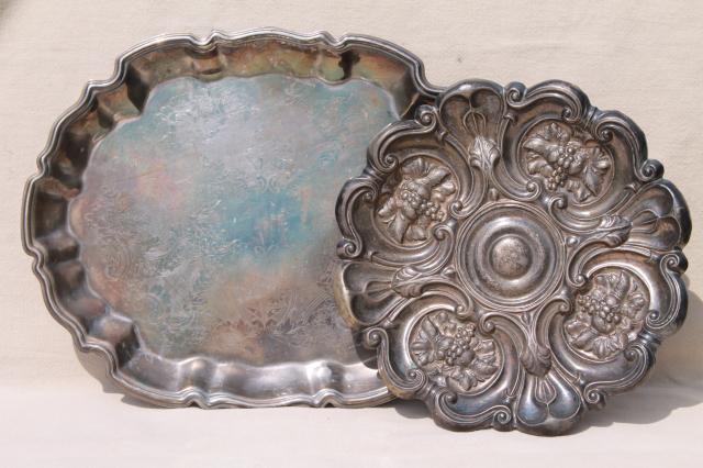 photo of vintage silver serving trays - shabby old tarnished silver hall tray, ornate charger plate #3