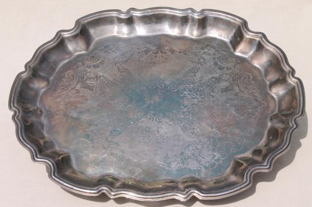 photo of vintage silver serving trays - shabby old tarnished silver hall tray, ornate charger plate #4