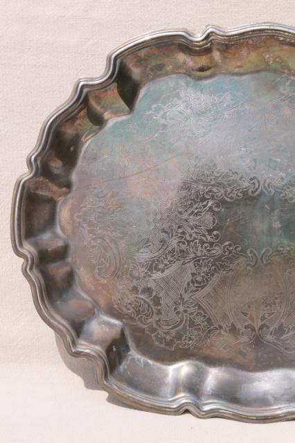 photo of vintage silver serving trays - shabby old tarnished silver hall tray, ornate charger plate #6