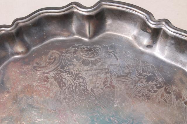 photo of vintage silver serving trays - shabby old tarnished silver hall tray, ornate charger plate #7