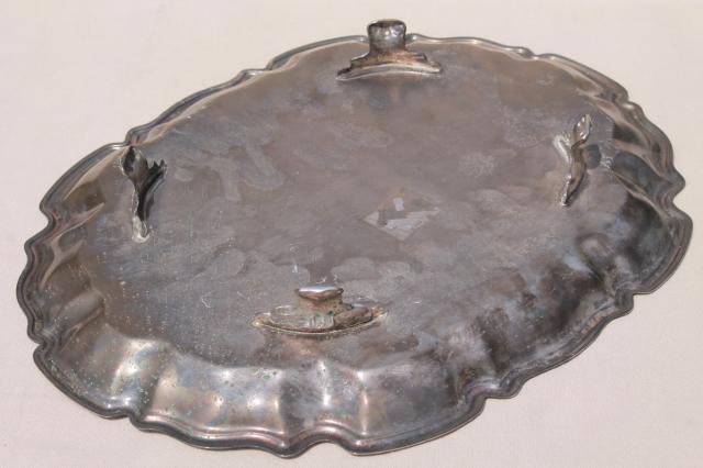 photo of vintage silver serving trays - shabby old tarnished silver hall tray, ornate charger plate #8