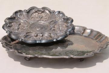 catalog photo of vintage silver serving trays - shabby old tarnished silver hall tray, ornate charger plate