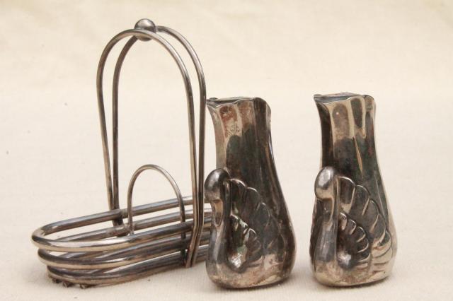 photo of vintage silver swan salt and pepper shakers set, silverplated swans S&P #2