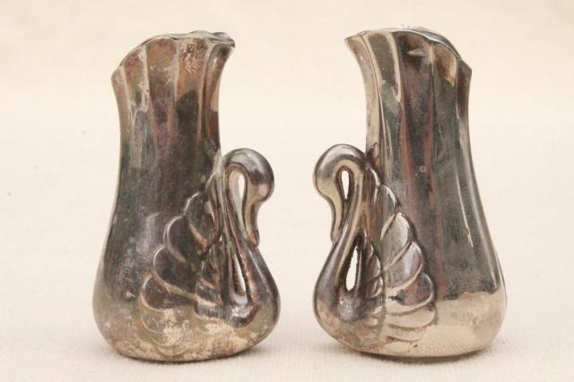 photo of vintage silver swan salt and pepper shakers set, silverplated swans S&P #4