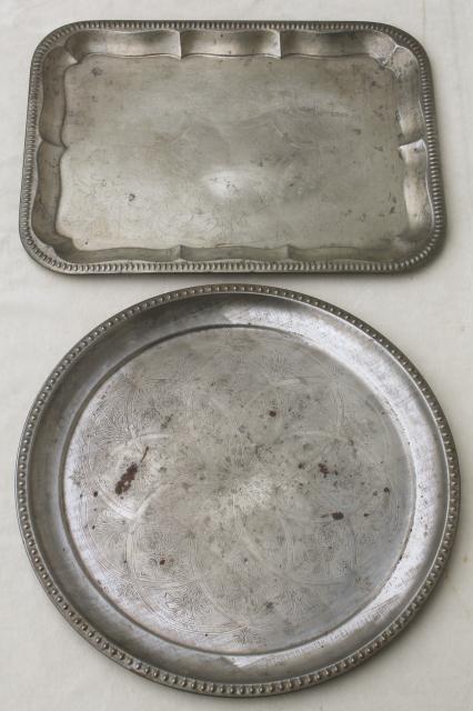 photo of vintage silver tin trays, primitive old rusty metal trays w/ lovely weathered patina #5