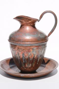 catalog photo of vintage silver wash solid copper, tall water pitcher ewer & large basin bowl or tray