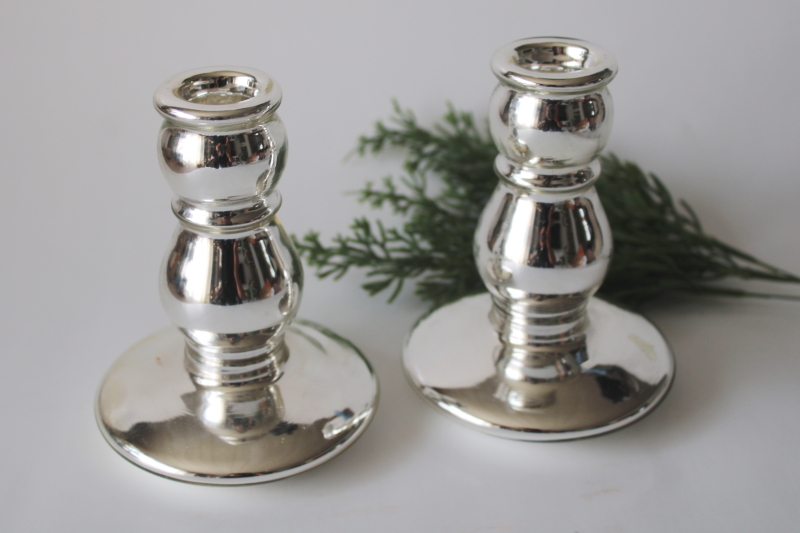 photo of vintage silvered glass candlesticks, pair of candle holders old fashioned mercury glass style  #1