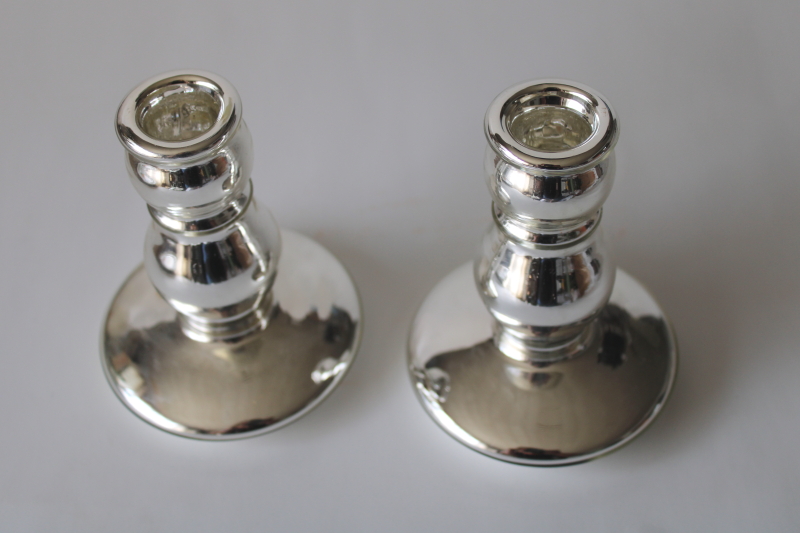 photo of vintage silvered glass candlesticks, pair of candle holders old fashioned mercury glass style  #2