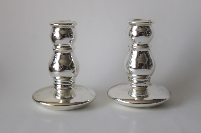 photo of vintage silvered glass candlesticks, pair of candle holders old fashioned mercury glass style  #4