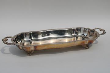 catalog photo of vintage silverplate, footed buffet tray, long narrow oblong dish w/ handles