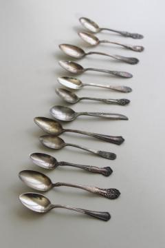 catalog photo of vintage silverware lot, mismatched demitasse spoons - tiny spoons for tea or coffee