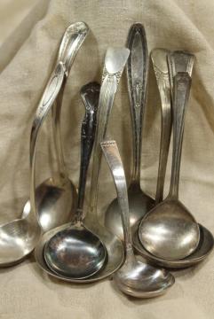 catalog photo of vintage silverware, silver plated ladle lot, gravy & sauce ladles, mayo bowl spoons