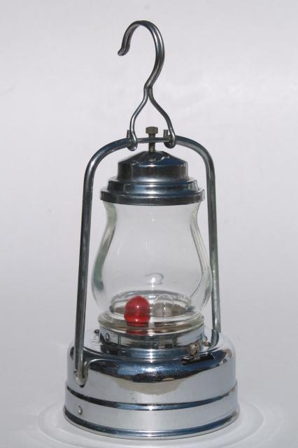 photo of vintage skater's lamp, little metal lantern battery light w/ red & clear light bulb #1