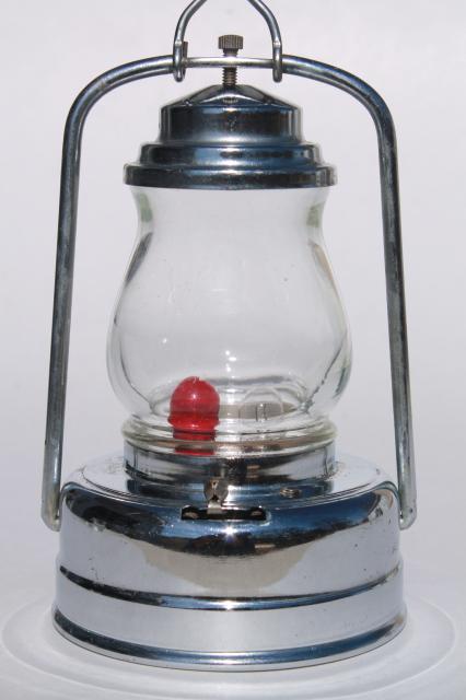 photo of vintage skater's lamp, little metal lantern battery light w/ red & clear light bulb #4