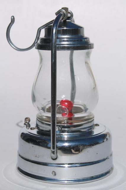 photo of vintage skater's lamp, little metal lantern battery light w/ red & clear light bulb #5