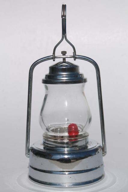 photo of vintage skater's lamp, little metal lantern battery light w/ red & clear light bulb #6