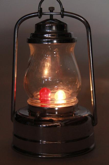 photo of vintage skater's lamp, little metal lantern battery light w/ red & clear light bulb #9