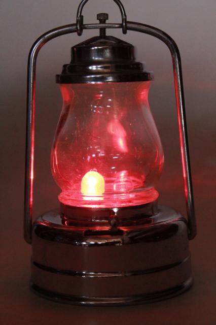 photo of vintage skater's lamp, little metal lantern battery light w/ red & clear light bulb #10