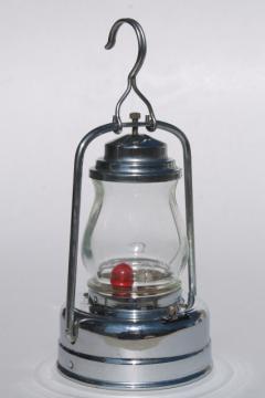 catalog photo of vintage skater's lamp, little metal lantern battery light w/ red & clear light bulb