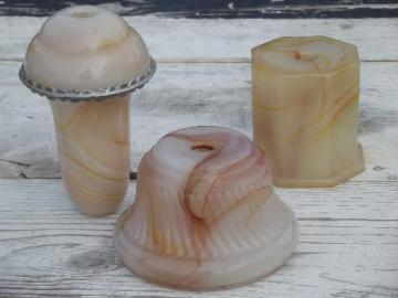 catalog photo of vintage slag glass lamp parts lot, agate marble glass body and bases