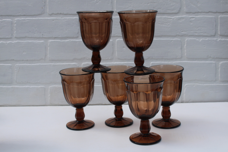 photo of vintage smoke brown water goblets, large wine glasses Noritake Provincial pattern set of 6 #4