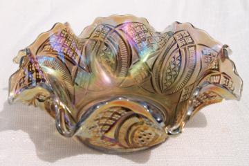 catalog photo of vintage smoke iridescent carnival glass, Imperial diamond ring pattern crimped bowl