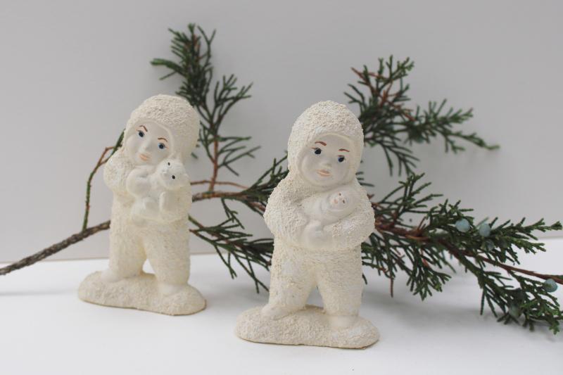 photo of vintage snowbaby figurines w/ original price tags, snowbabies w/ toy teddy bear & doll #1