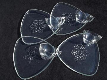 catalog photo of vintage snowflake pattern glass snack sets for Christmas, set for 4