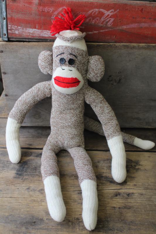 photo of vintage sock monkey doll, stuffed toy Rockford red heel cotton work socks #1