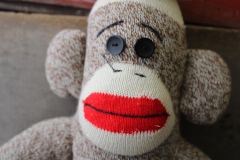 photo of vintage sock monkey doll, stuffed toy Rockford red heel cotton work socks #2