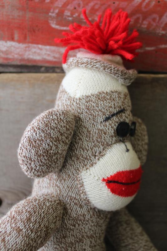 photo of vintage sock monkey doll, stuffed toy Rockford red heel cotton work socks #3