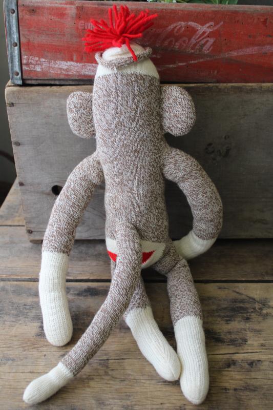 photo of vintage sock monkey doll, stuffed toy Rockford red heel cotton work socks #4