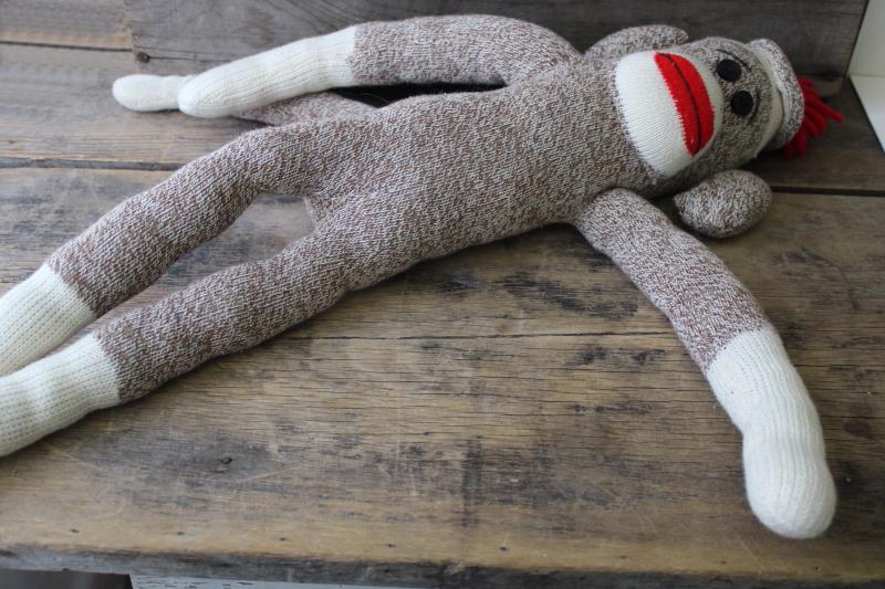 photo of vintage sock monkey doll, stuffed toy Rockford red heel cotton work socks #5