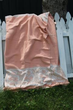 catalog photo of vintage soft cotton bed blanket, cottage chic blush pink w/ green & white border