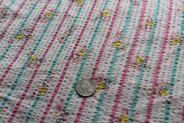 photo of vintage soft cotton crinkle fabric, mint green & pink candy stripes w/ baby animals #1