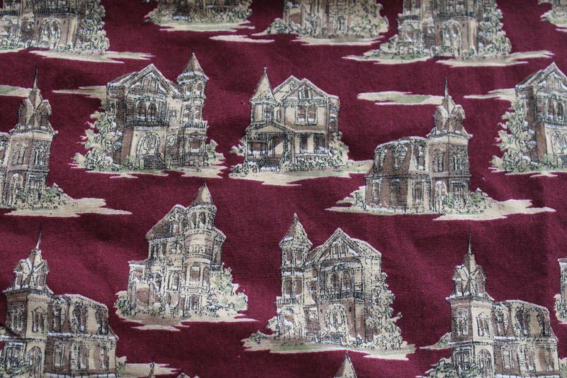 photo of vintage soft cotton flannel fabric, Victorian houses antique architecture print #1