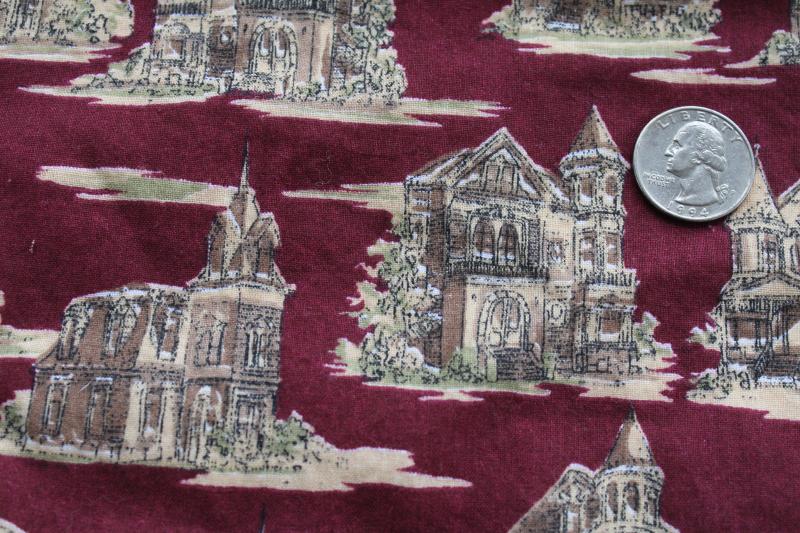 photo of vintage soft cotton flannel fabric, Victorian houses antique architecture print #2