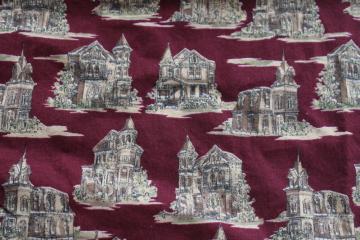 catalog photo of vintage soft cotton flannel fabric, Victorian houses antique architecture print