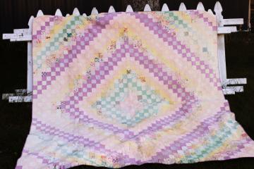 catalog photo of vintage soft washed cotton patchwork quilt, lavender, green, yellow print fabric blocks