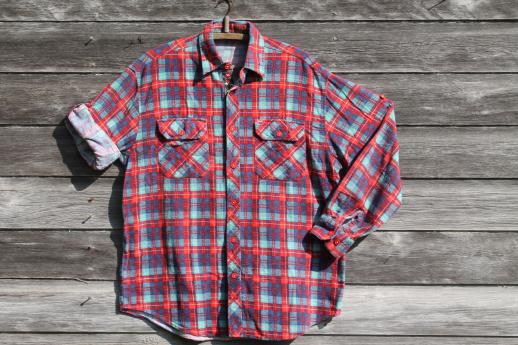 photo of vintage soft worn plaid cotton flannel shirts w/ Swiss yodeler embroidered trim #2