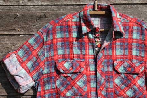 photo of vintage soft worn plaid cotton flannel shirts w/ Swiss yodeler embroidered trim #3