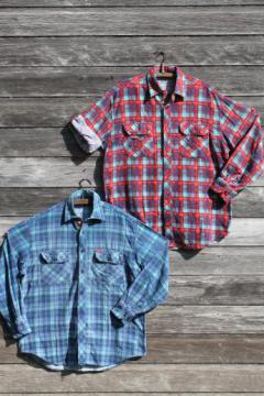 catalog photo of vintage soft worn plaid cotton flannel shirts w/ Swiss yodeler embroidered trim