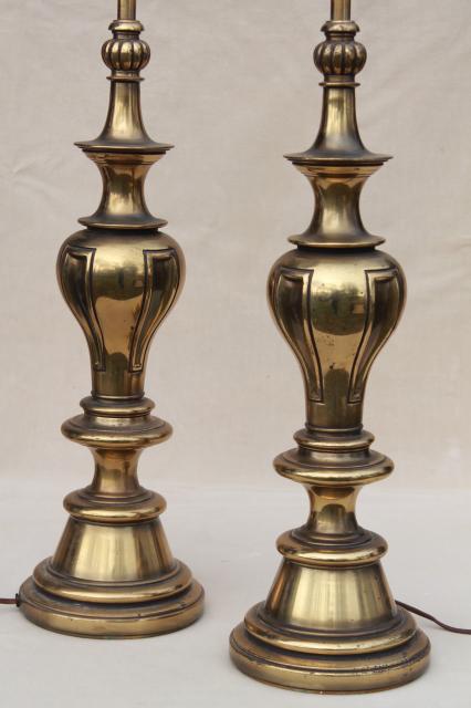 photo of vintage solid brass Stiffel lamps, pair of tall table lamps w/ three way switch #1